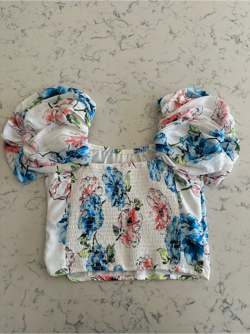 Abercrombie & Fitch White Floral Puff Sleeve Crop Top with Blue & Pink Flowers